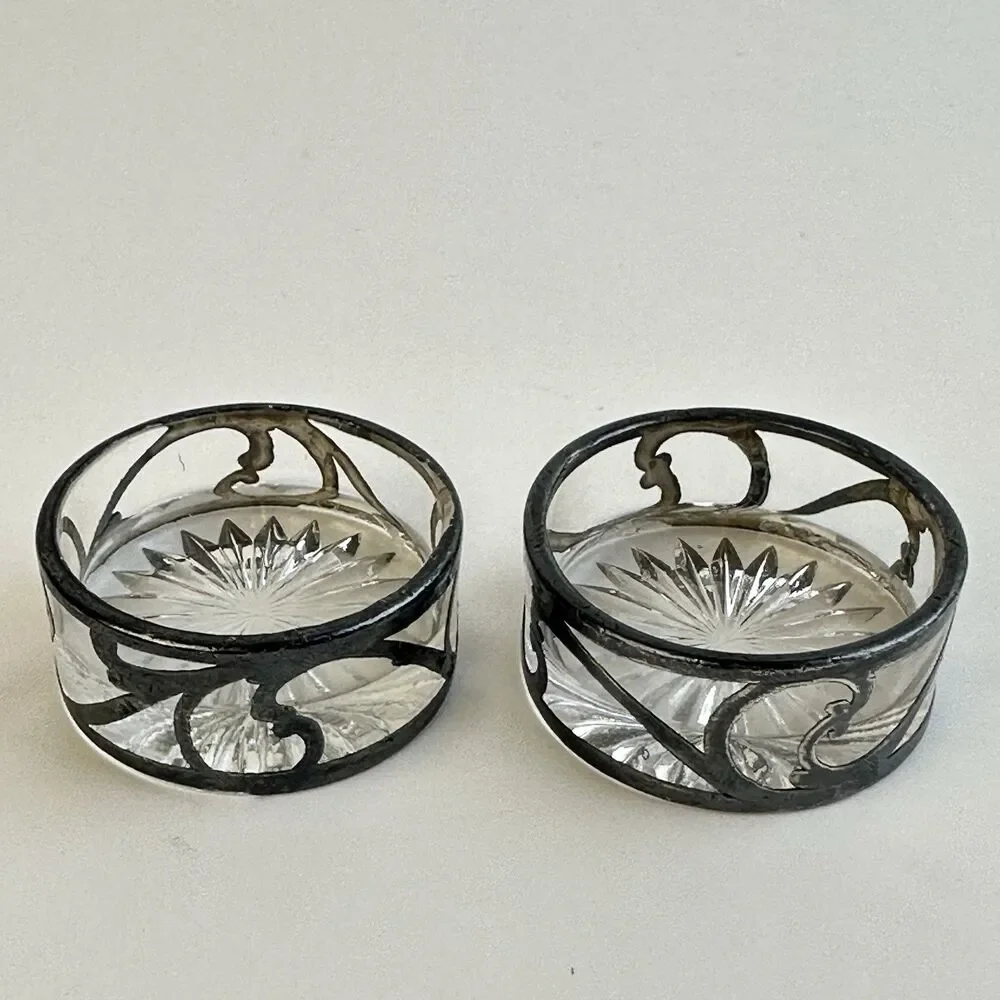 Antique Art Nouveau Sterling Silver Overlay Cut Glass Open Salt Cellars Set of 2